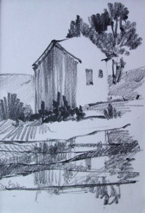 Shed and Lake; 11.5 x 17cm