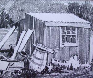 The original shed sketch; 19 x 16cm